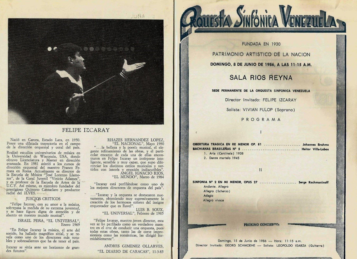 Felipe Izcaray Programa de mano del 8 de Junio de 1986